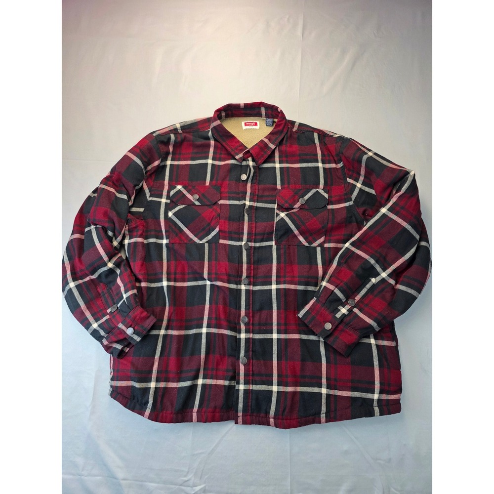 Wrangler Mens Red Black Plaid Fleece Lined Flannel Shirt Jacket 2XL 112324455